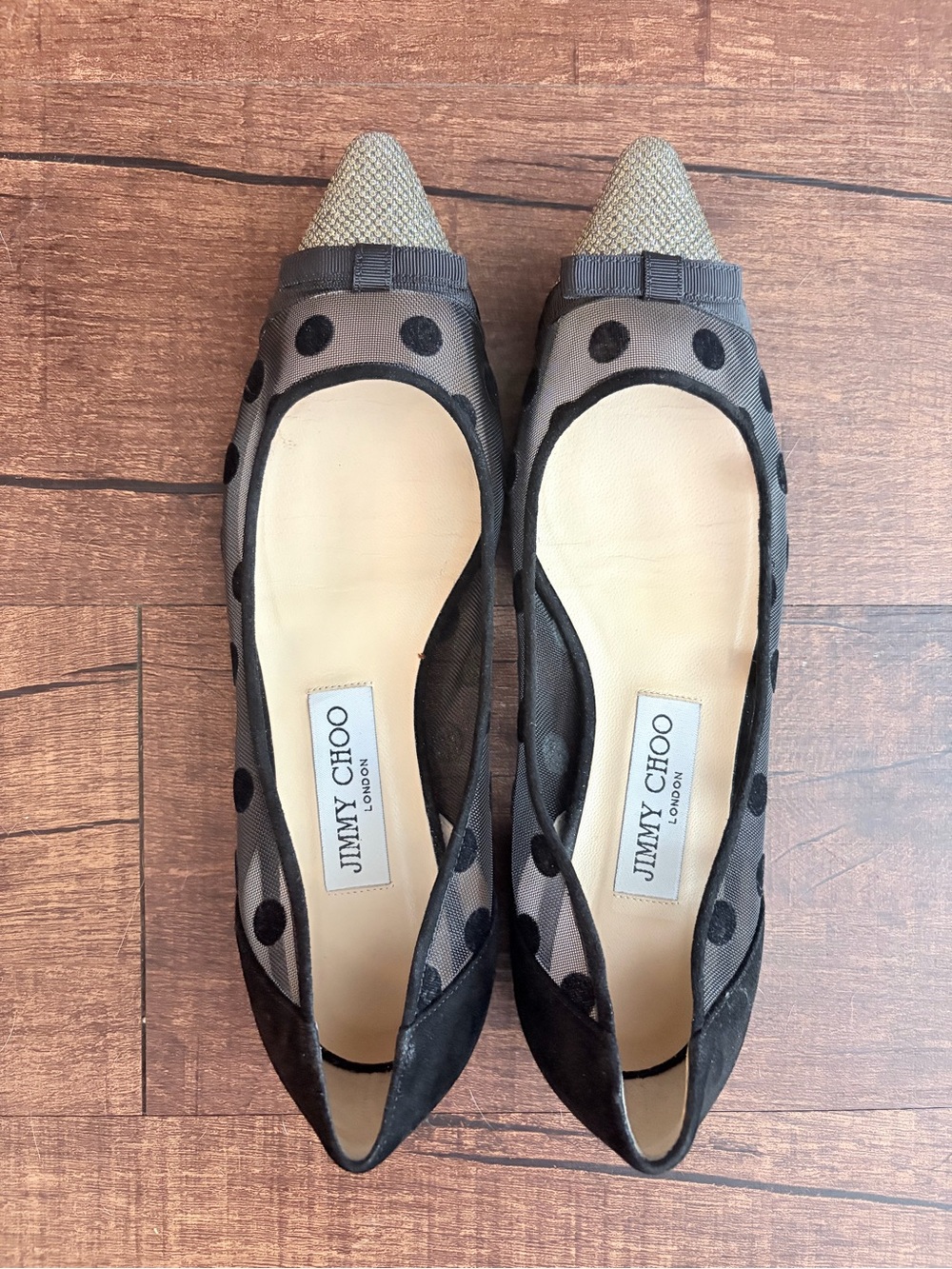 Jimmy Choo Black Mesh Polka Dot Pointed Toe Flats with Metallic Cap